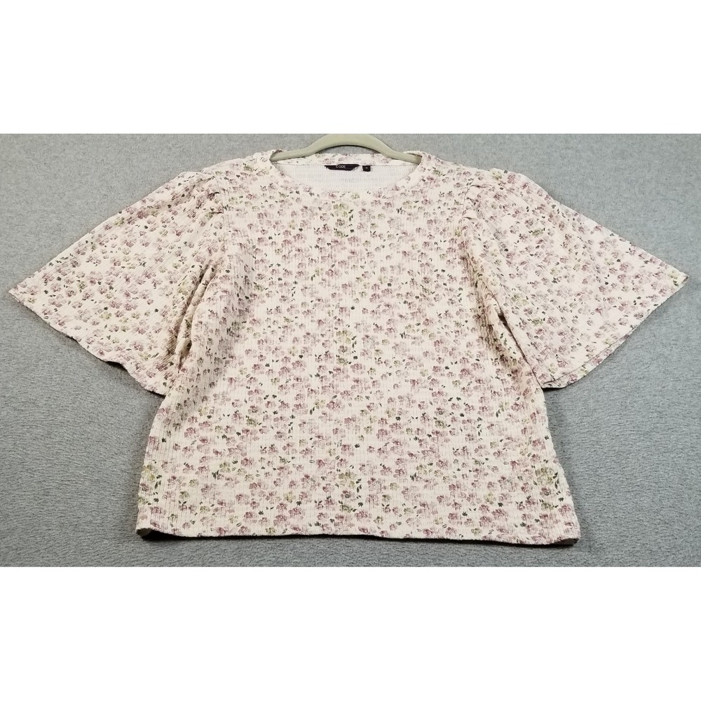 CODE Top Womens 16 Pink Green Floral Short Sleeve Cottagecore Smock Stretch
